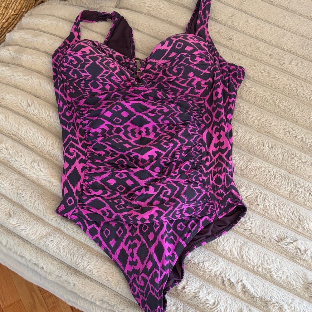 Pink and Black Patterned One-Piece Swimsuit - XL
